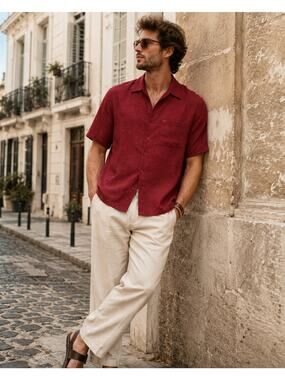 Bosco Uomo Vintage Textured Camp Shirt Burgundy Red Button Front Large
